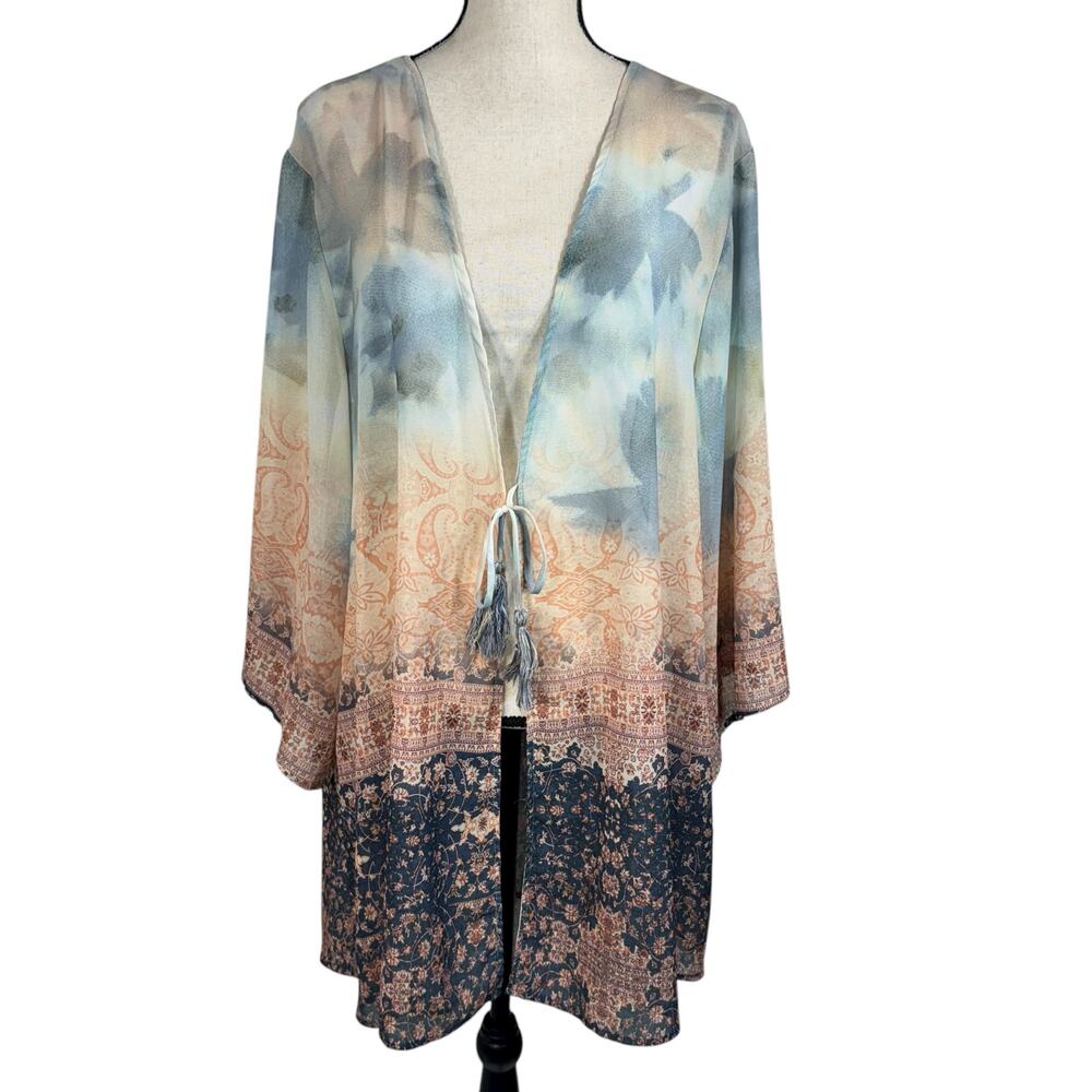 One World XX-Large Kimono Semi-Sheer Loose 3/4 Sleeves Tie Front Floral Multi